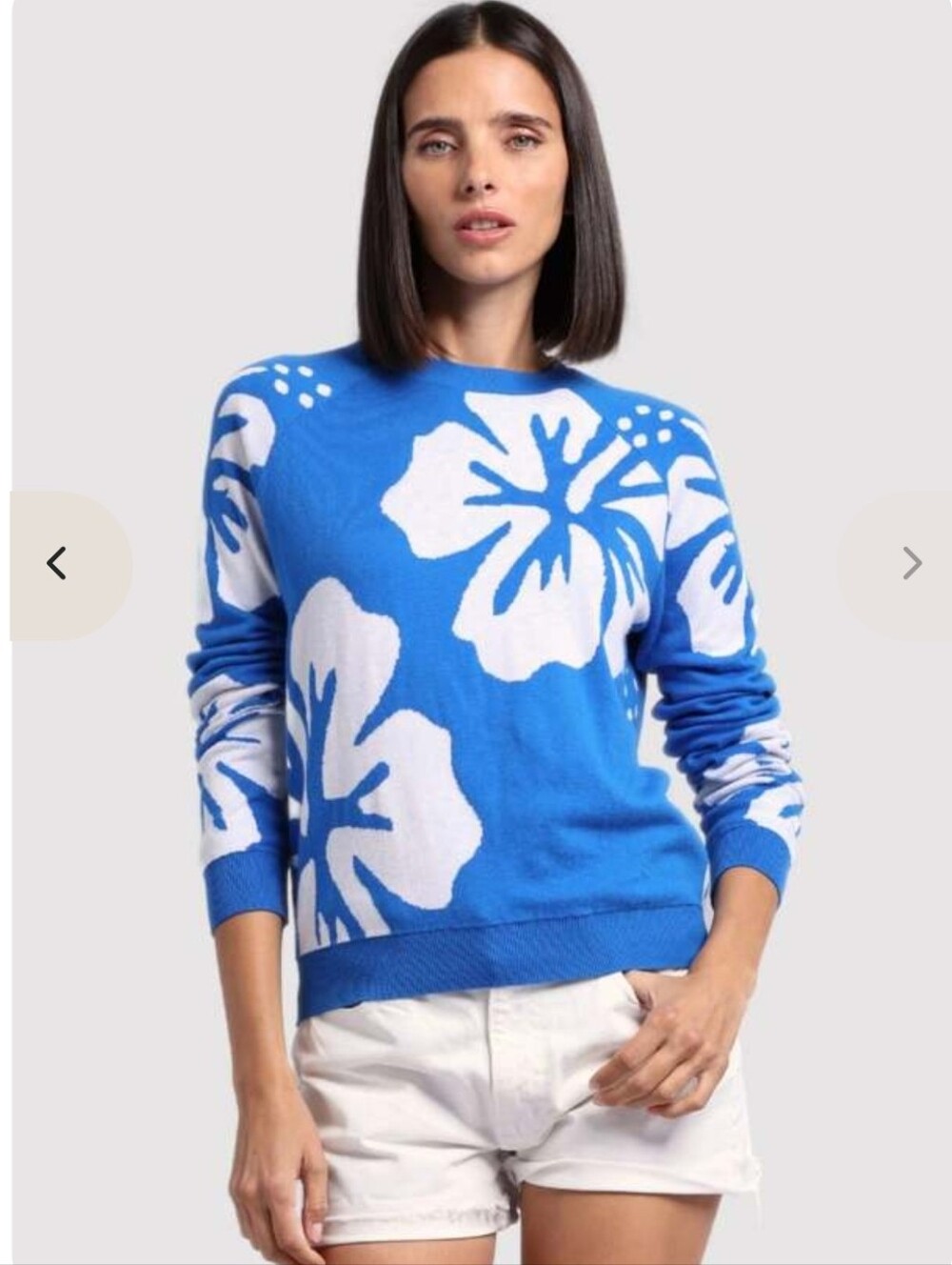 Minnie Rose Cotton/Cashmere Blue White Crewneck Floral Hibiscus Sweater Medium